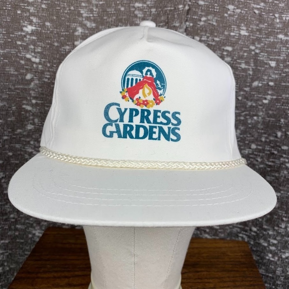 Vintage Cypress Gardens White Snapback Hat Yupoong Retro Rope Detail